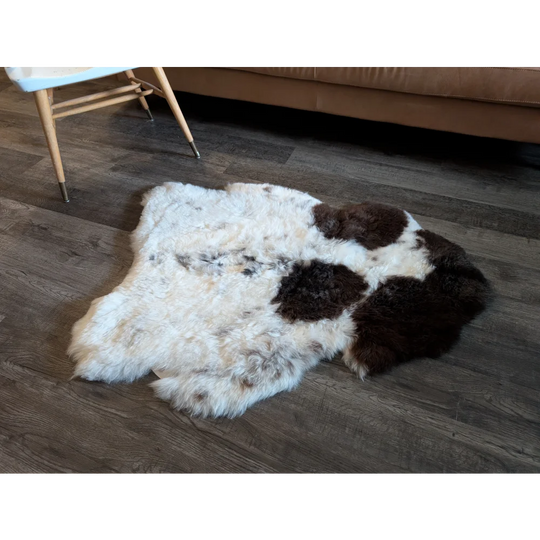 A fluffy irregular icelandic sheepskin rug with natural white and dark brown patchwork short wool fibers
