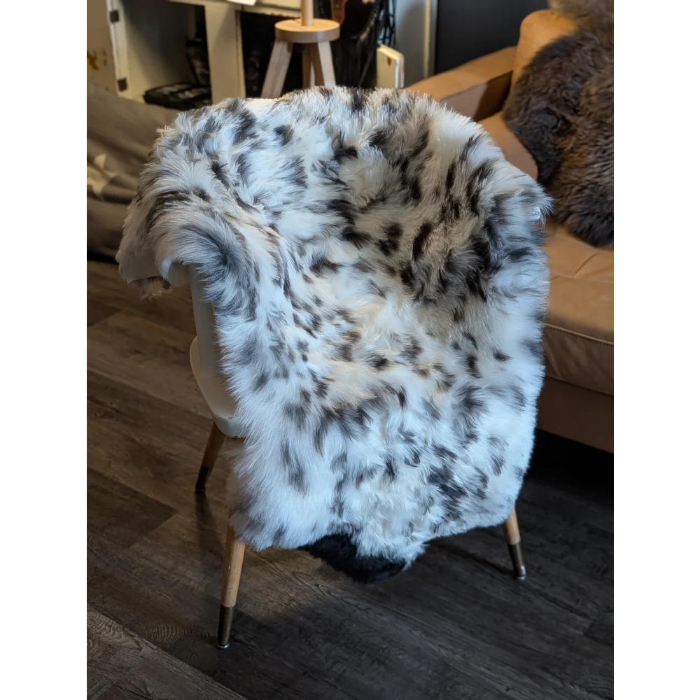 A plush icelandic sheepskin throw in white and black spotted short wool draped over a chair for cozy style