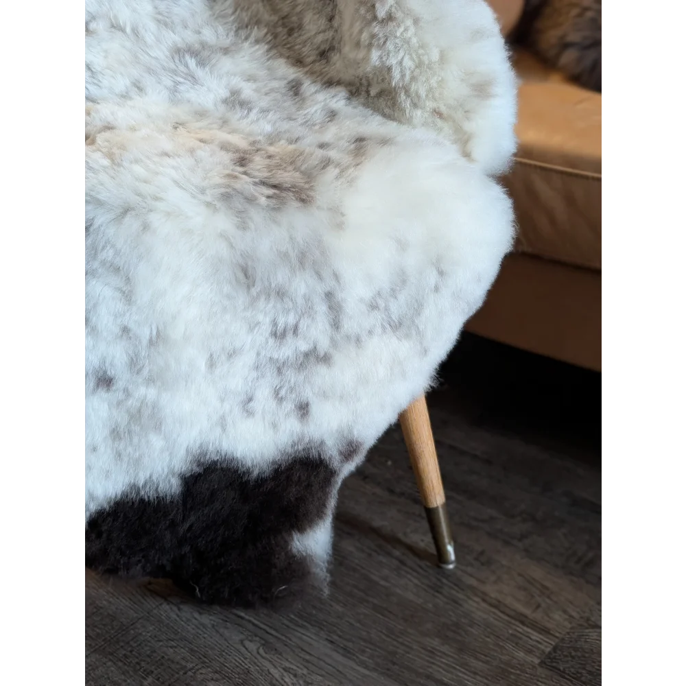 A large spotted icelandic sheepskin throw in white and gray short wool draped over a wooden chair leg