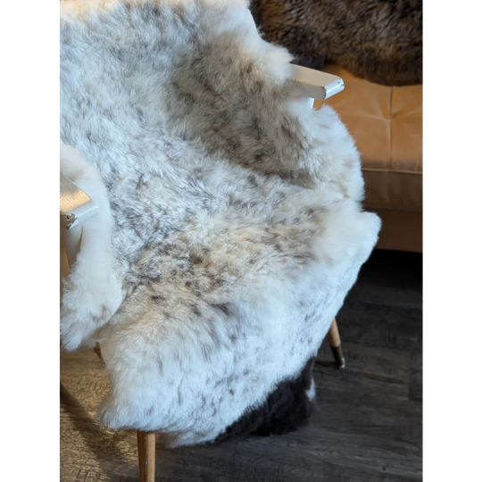 A large icelandic sheepskin throw in soft white and gray speckled short wool perfect for cozy decor