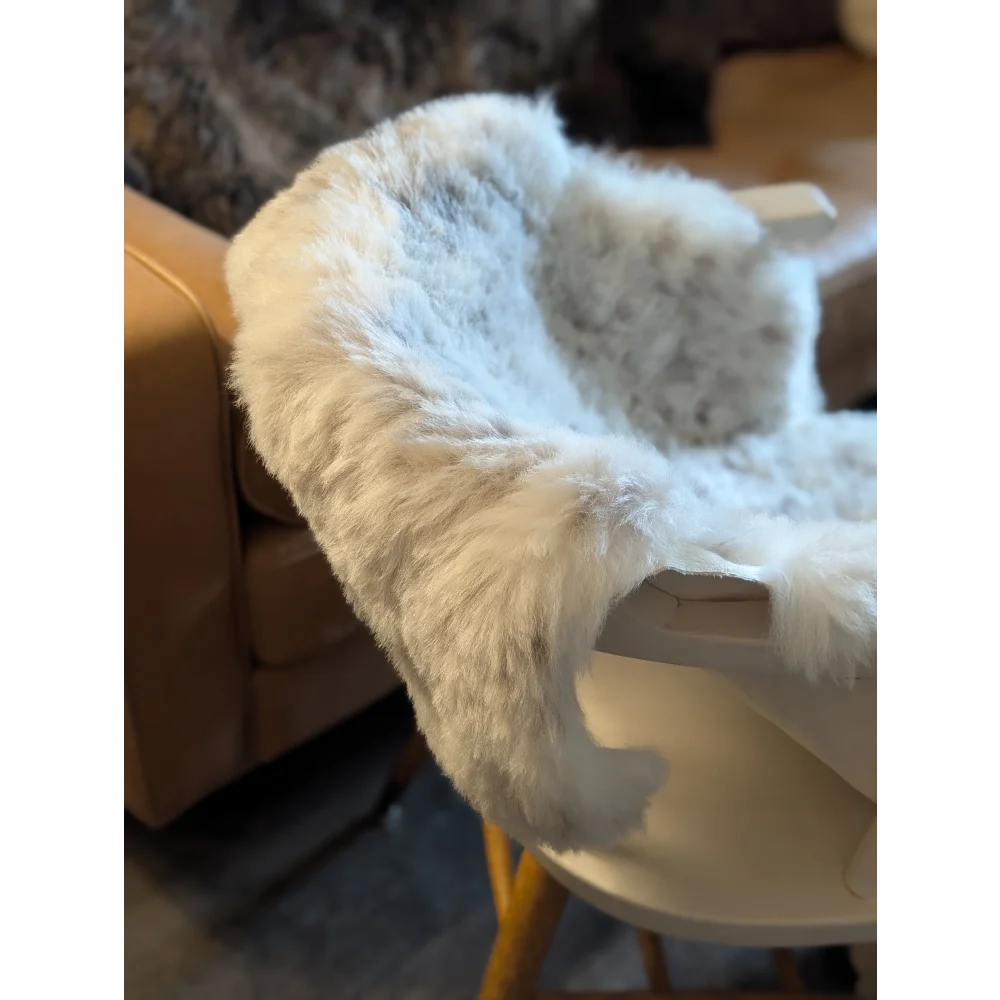 White faux fur baby high chair cover with soft icelandic sheepskin short wool texture in large 50 x 30.5 size