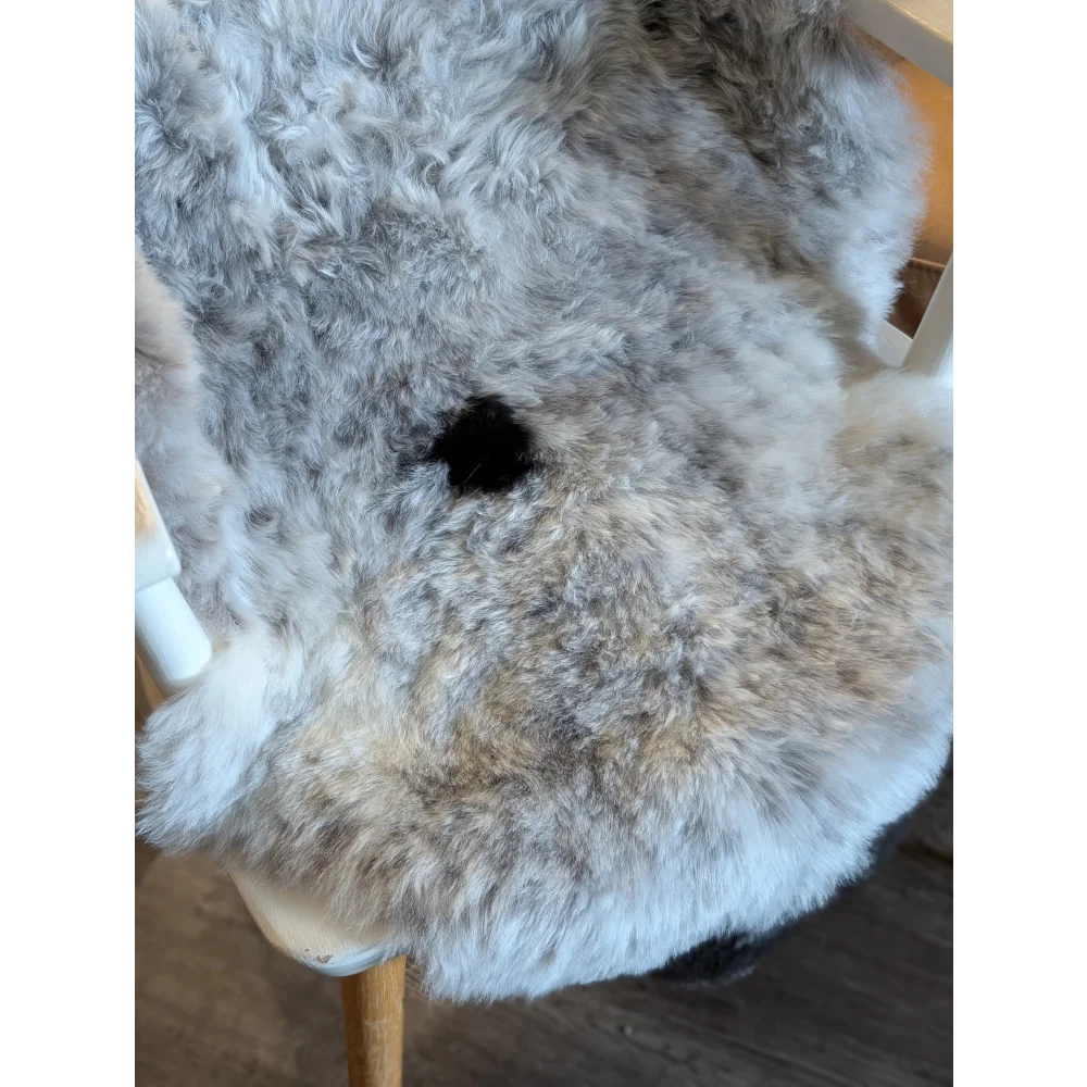 A soft gray medium spotted icelandic sheepskin rug with short wool and natural curly texture spot3❤️