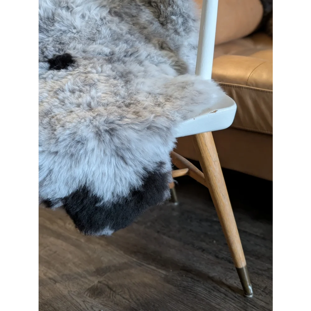 A plush gray and black icelandic sheepskin with short wool draped over a white chair with wooden legs