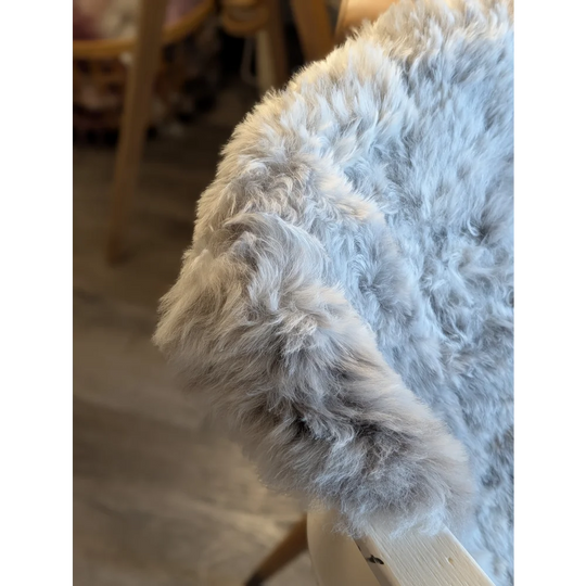 A plush light gray icelandic sheepskin throw with short wool draped over a wooden chair arm for cozy use