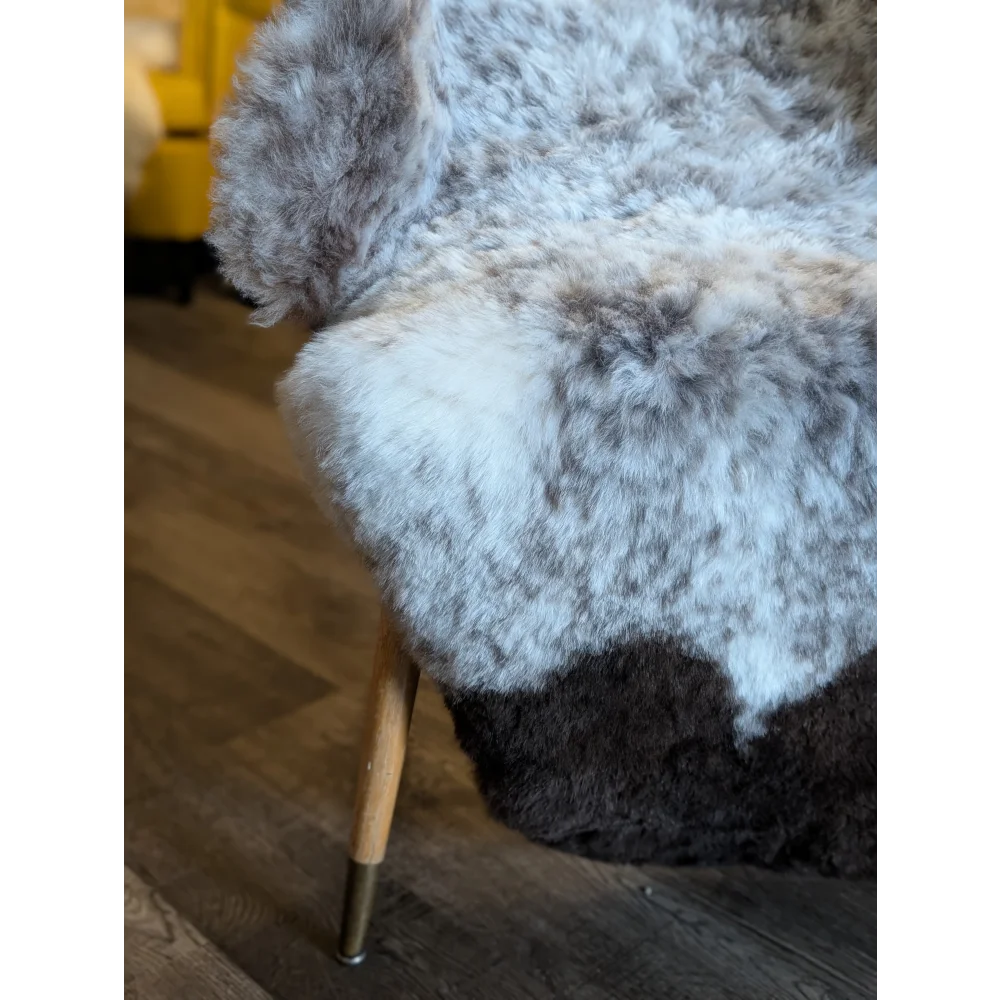 A plush icelandic sheepskin throw with short wool in mottled gray white and brown perfect for cozy decor