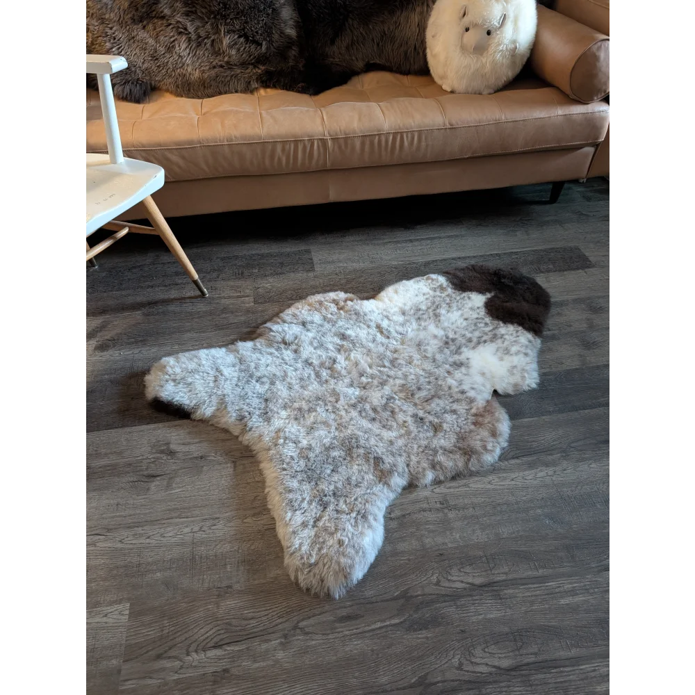 A plush irregular icelandic sheepskin rug with white and dark brown short wool on a wooden floor