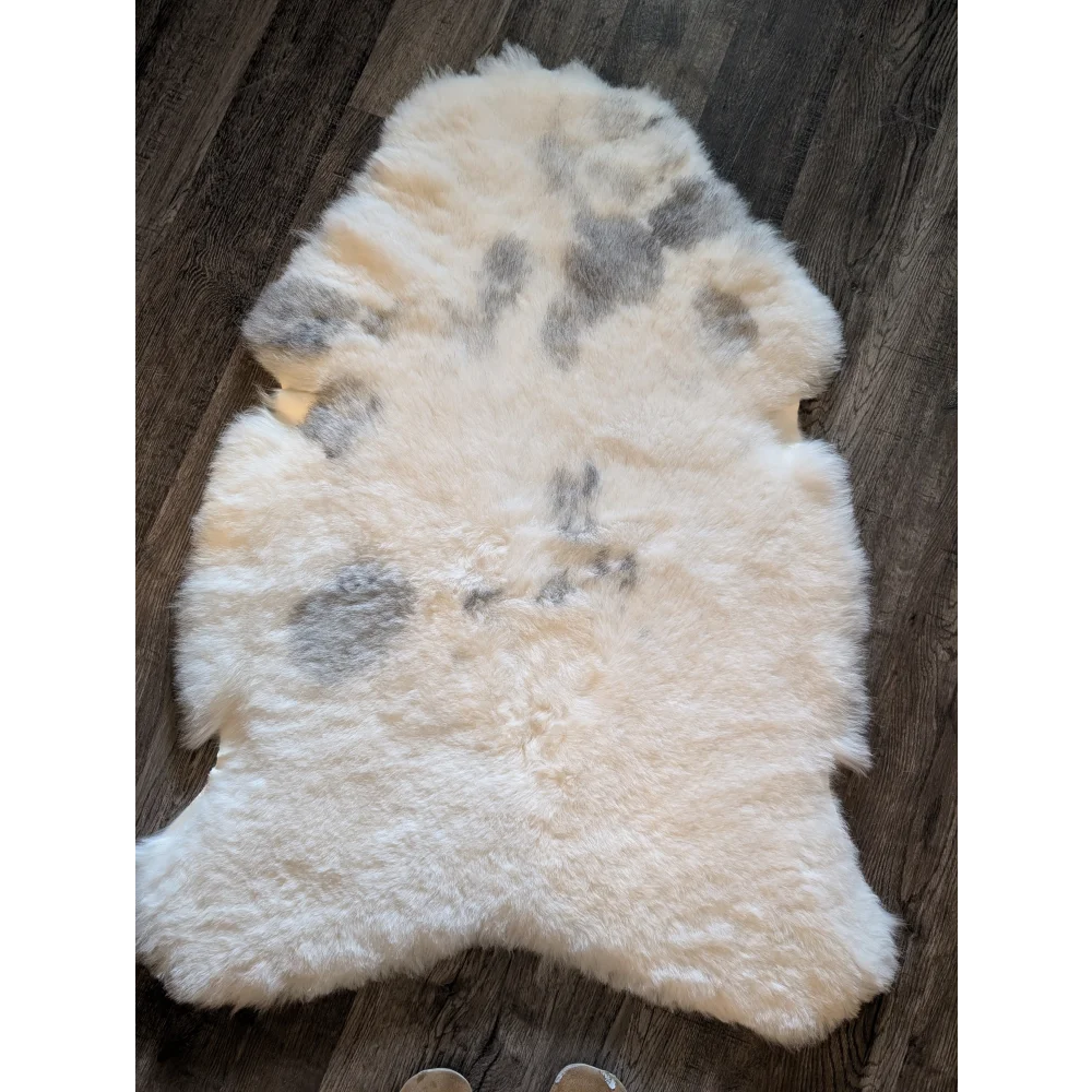 Cream-colored icelandic sheepskin rug with natural gray patches and soft short wool texture 47.7 by 31 inches