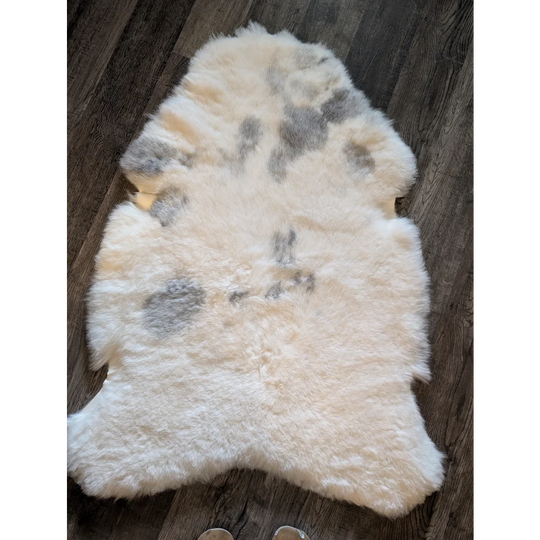 Cream-colored icelandic sheepskin rug with natural gray patches and soft short wool texture 47.7 by 31 inches