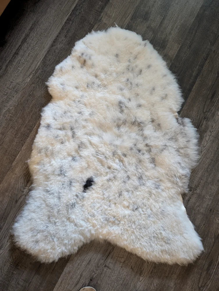 Cream-colored icelandic sheepskin rug with natural black and gray speckles made of short wool, 45 by 31 inches