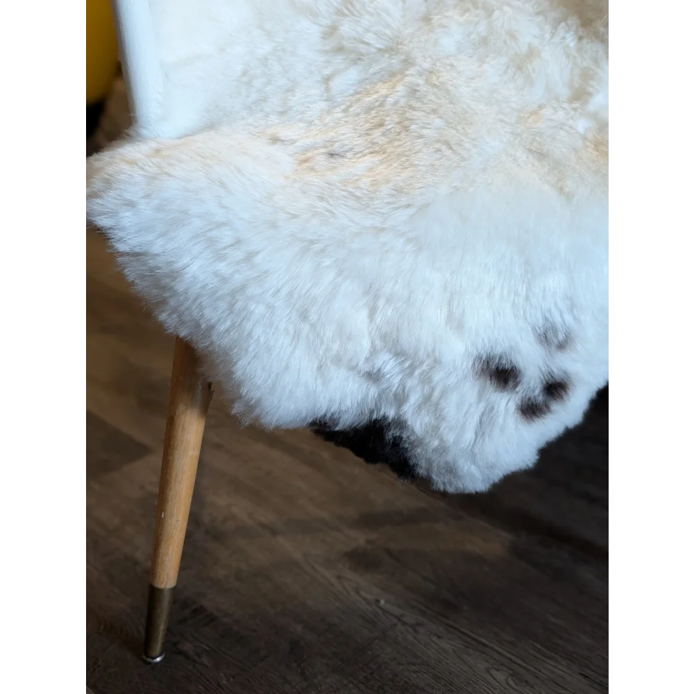 White fluffy icelandic sheepskin chair with short wool, wooden legs, and brass feet in medium spotted pattern