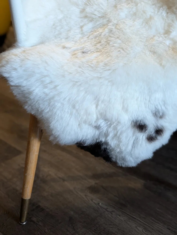 White fluffy icelandic sheepskin chair with short wool, wooden legs, and brass feet in medium spotted pattern
