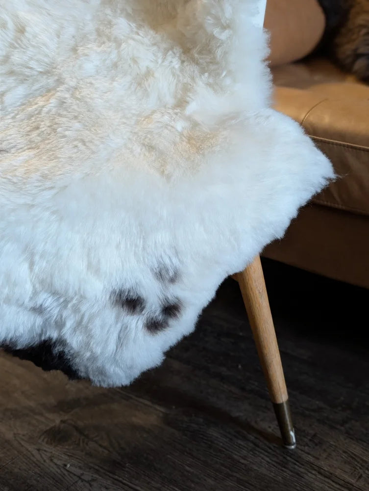 A plush off-white icelandic sheepskin rug with short wool and subtle dark paw print design spot4 41 by 29 inches