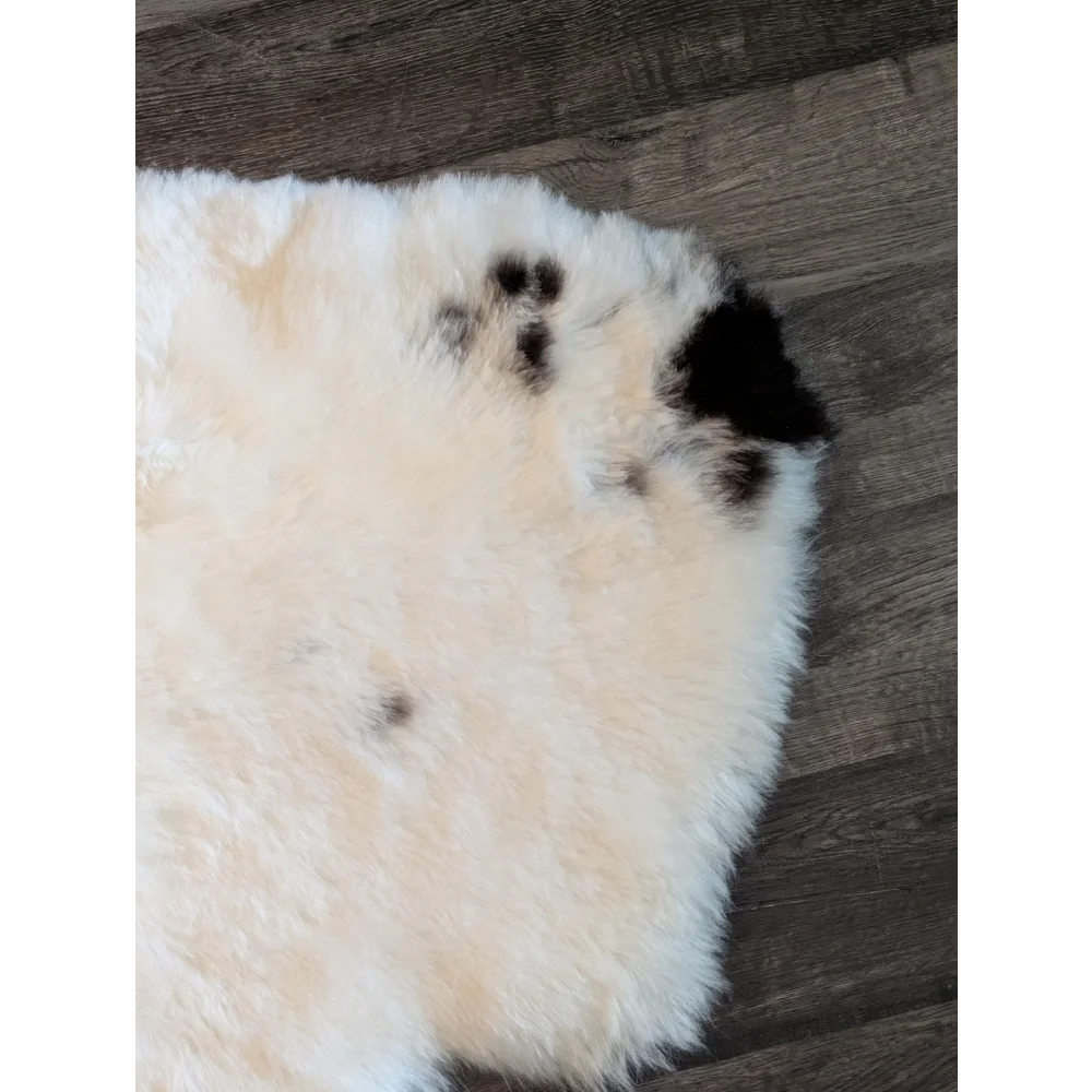 Cream-colored icelandic sheepskin rug with black paw print design made of short wool spot4 medium size