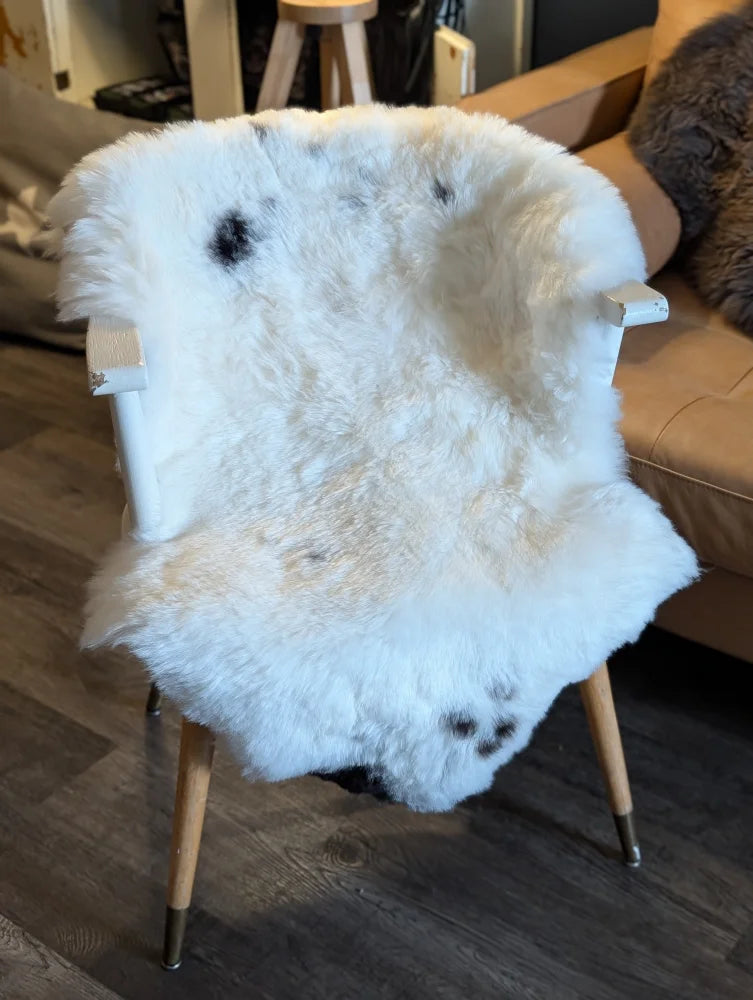 A fluffy white icelandic sheepskin chair cover with black spots made from short wool draped over a wooden armchair