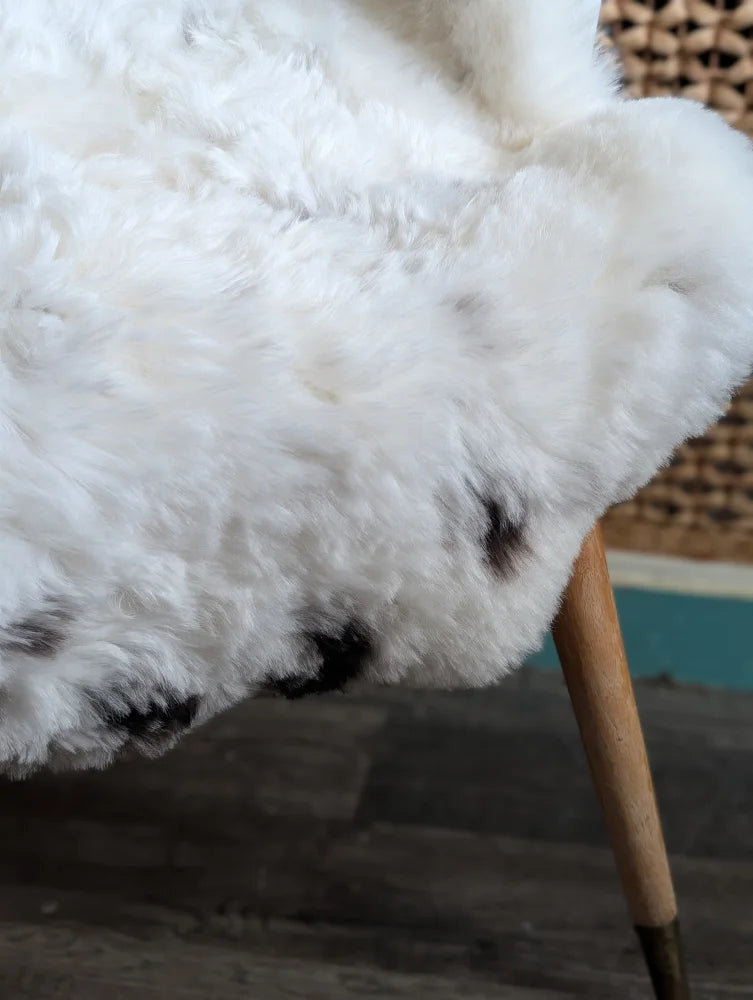 White fluffy large spotted icelandic sheepskin rug with black spots 41 by 32 inches soft short wool