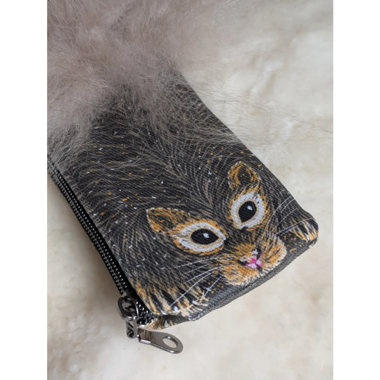 Dark gray cotton canvas coin purse with embroidered cat face and fluffy gray sheepskin tail trim