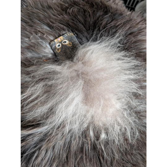 A small dark brown owl tag with white eyes and orange beak on a squirrel coin purse with cotton canvas and sheepskin tail