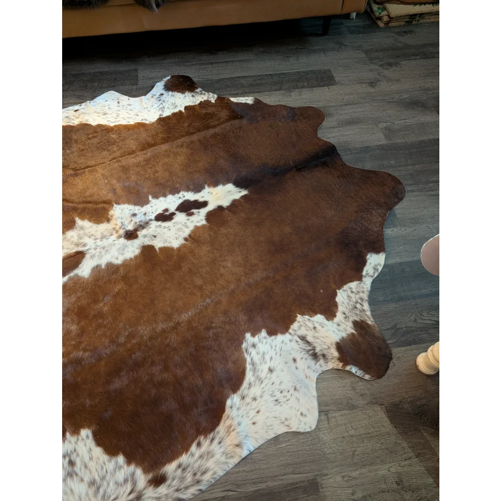 Ss873 large cowhide rug with beautiful brown and white natural fur texture showcasing unique characteristics