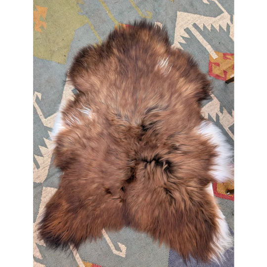 A plush 50 x 39 inch extra large icelandic sheepskin rug with natural brown and white long wool icelandic fur