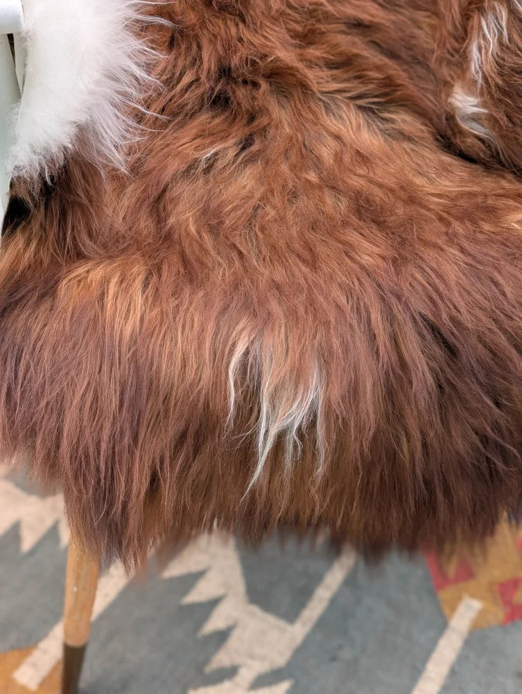 A plush long wool icelandic sheepskin throw blanket in brown and white faux fur soft fluffy texture 50 x 39 inches