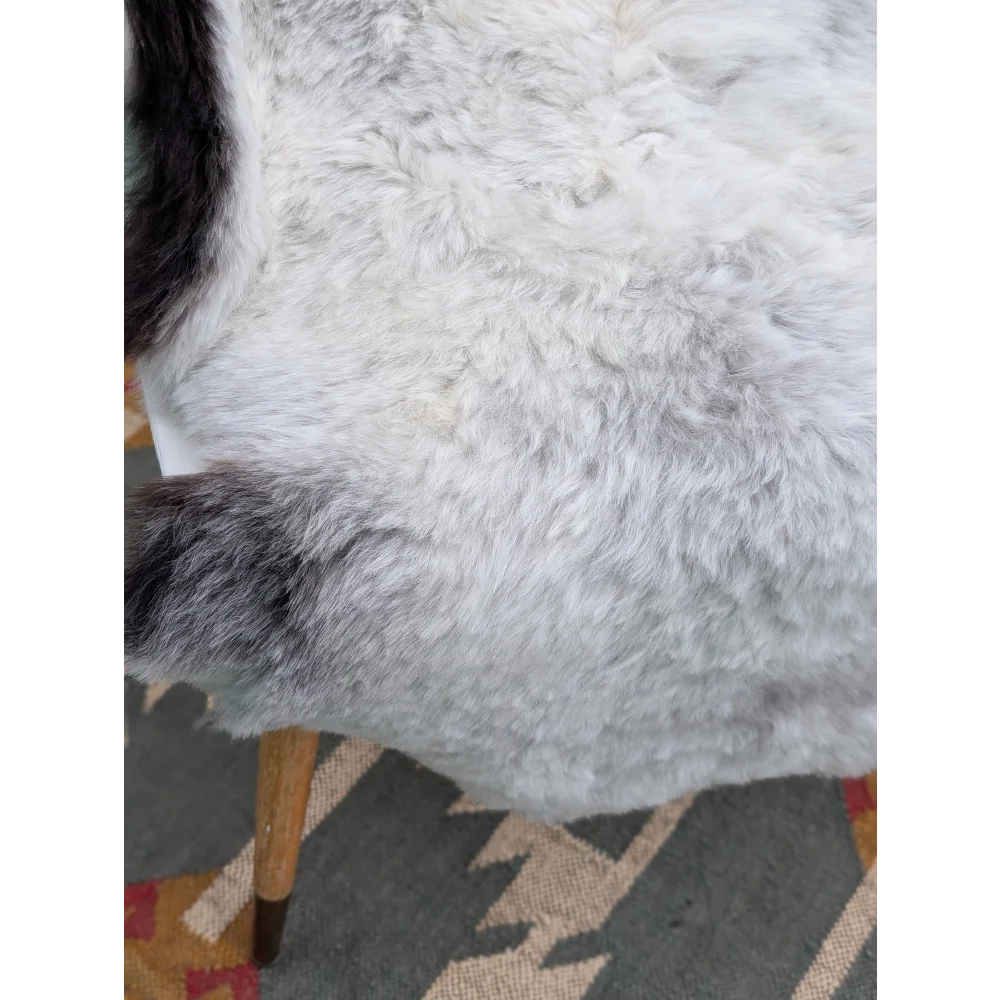 A plush gray and white icelandic sheepskin rug with long wool icelandic texture by angus oliver, 42 by 27 inches
