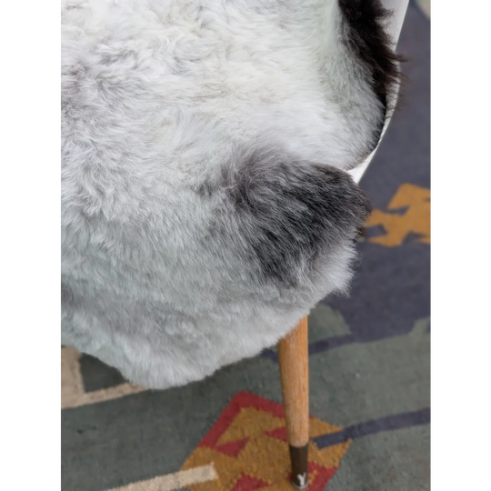A plush white and gray long wool icelandic sheepskin throw draped over chair leg by angus oliver