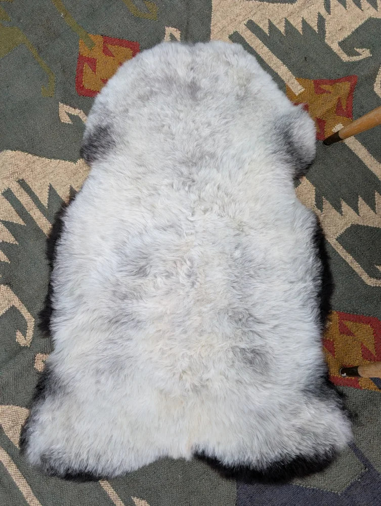 A soft fluffy gray and white large icelandic sheepskin rug with natural edges perfect for cozy decor angus oliver