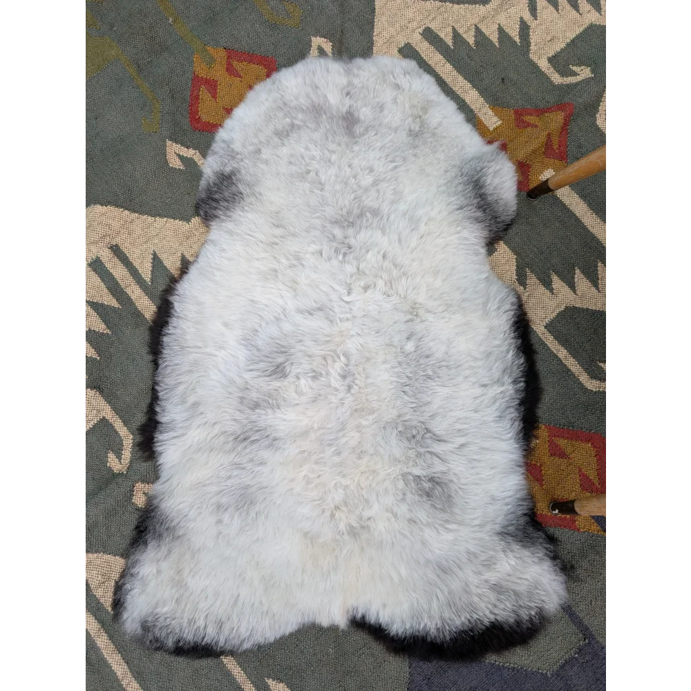 A soft fluffy gray and white large icelandic sheepskin rug with natural edges perfect for cozy decor angus oliver