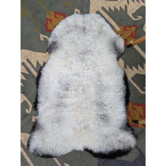 A soft fluffy gray and white large icelandic sheepskin rug with natural edges perfect for cozy decor angus oliver