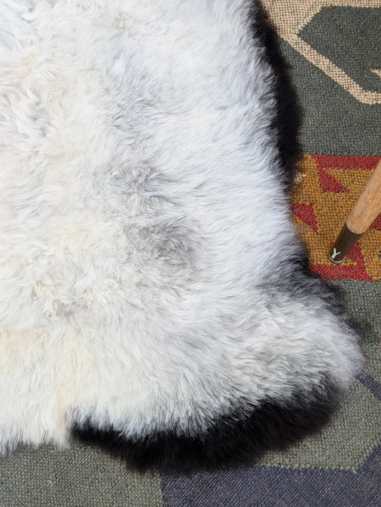 Large 42 x 27 inch icelandic sheepskin rug with white and gray long wool and black border by angus oliver