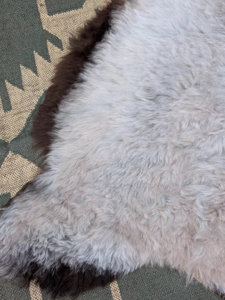 A soft fluffy white icelandic sheepskin rug with long wool and a dark brown border by angus oliver
