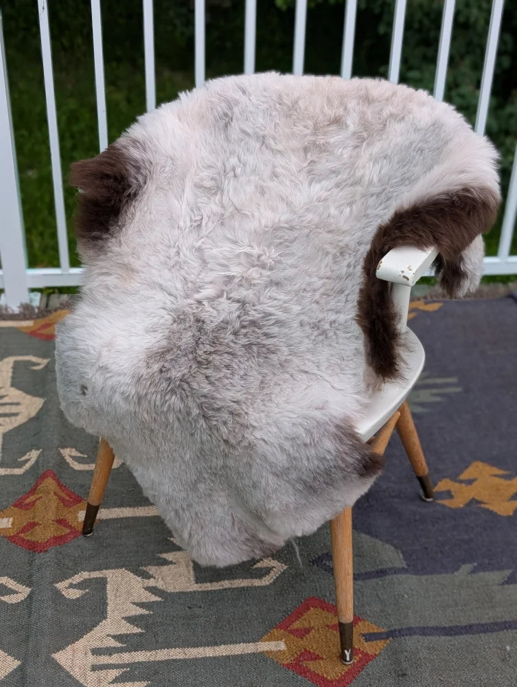 A plush light gray and brown icelandic sheepskin rug with long wool draped over a white chair by angus oliver