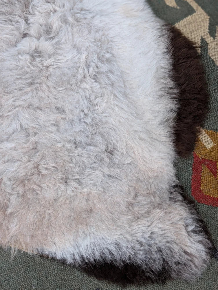 A soft fluffy white icelandic sheepskin rug with a dark brown border from angus oliver long wool icelandic collection
