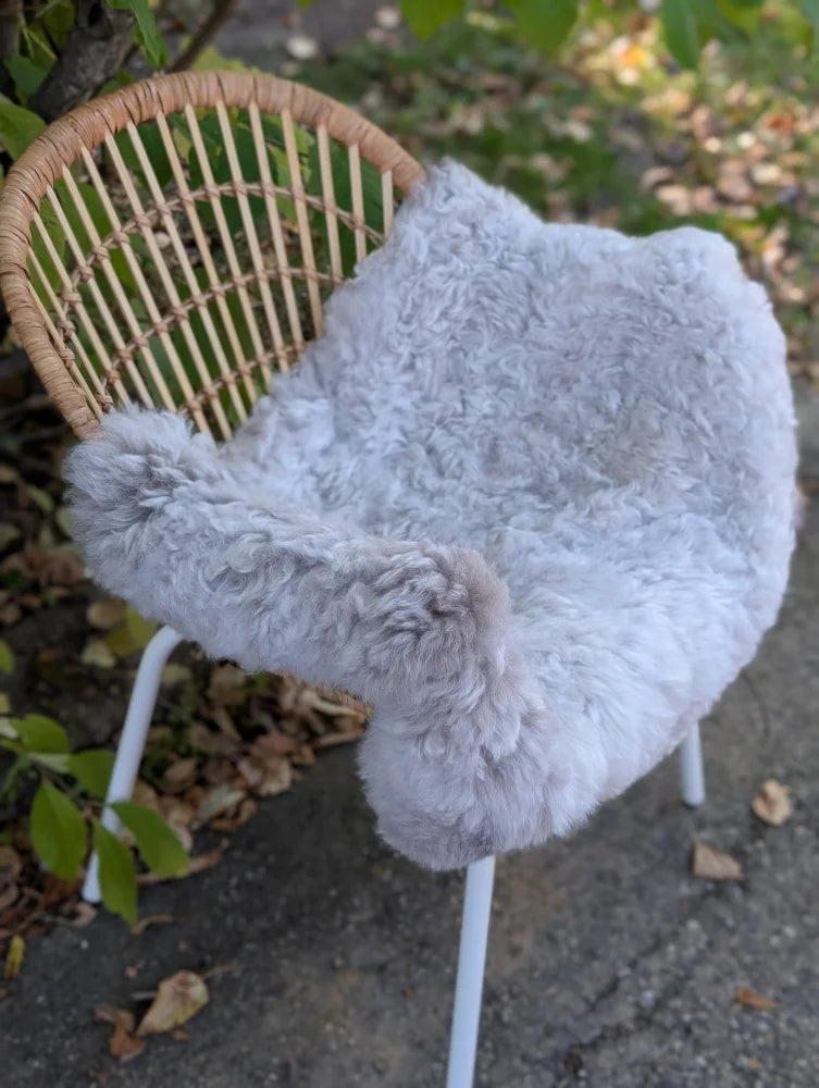 A soft light gray large icelandic sheepskin chair cover with plush curly long wool icelandic texture