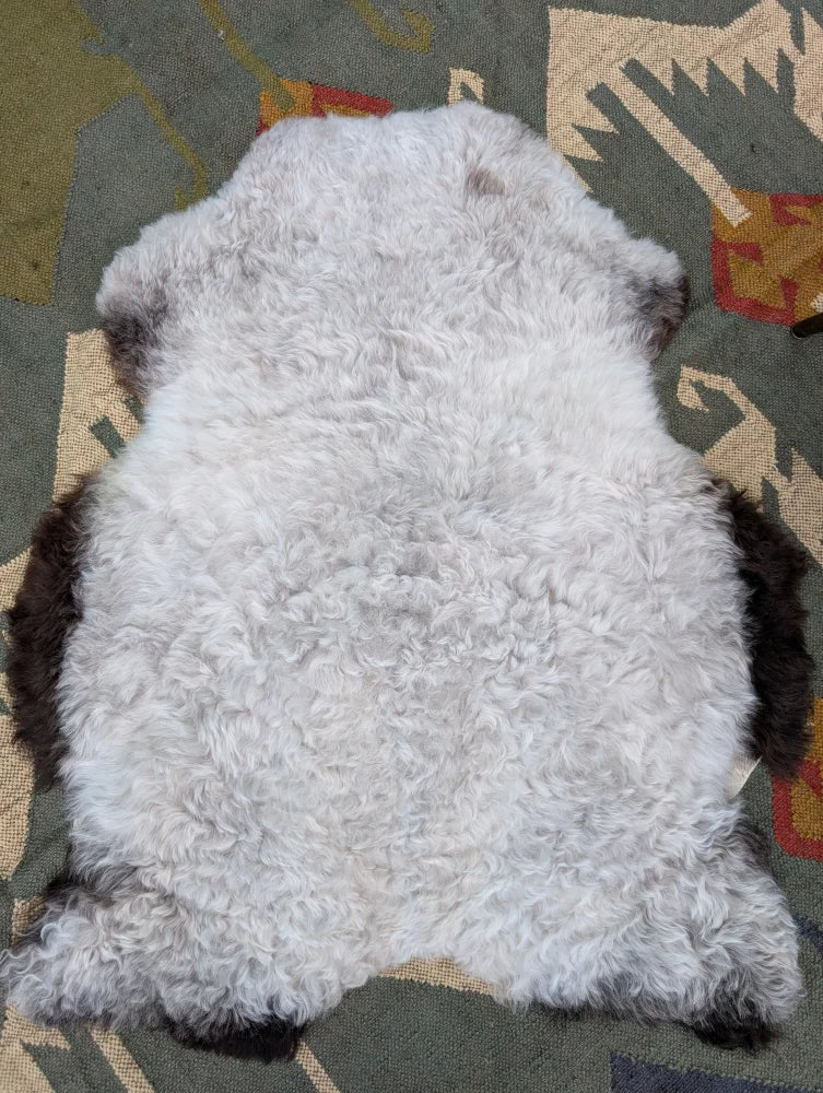 A plush curly white icelandic sheepskin rug with dark brown edges on a patterned carpet by angus oliver