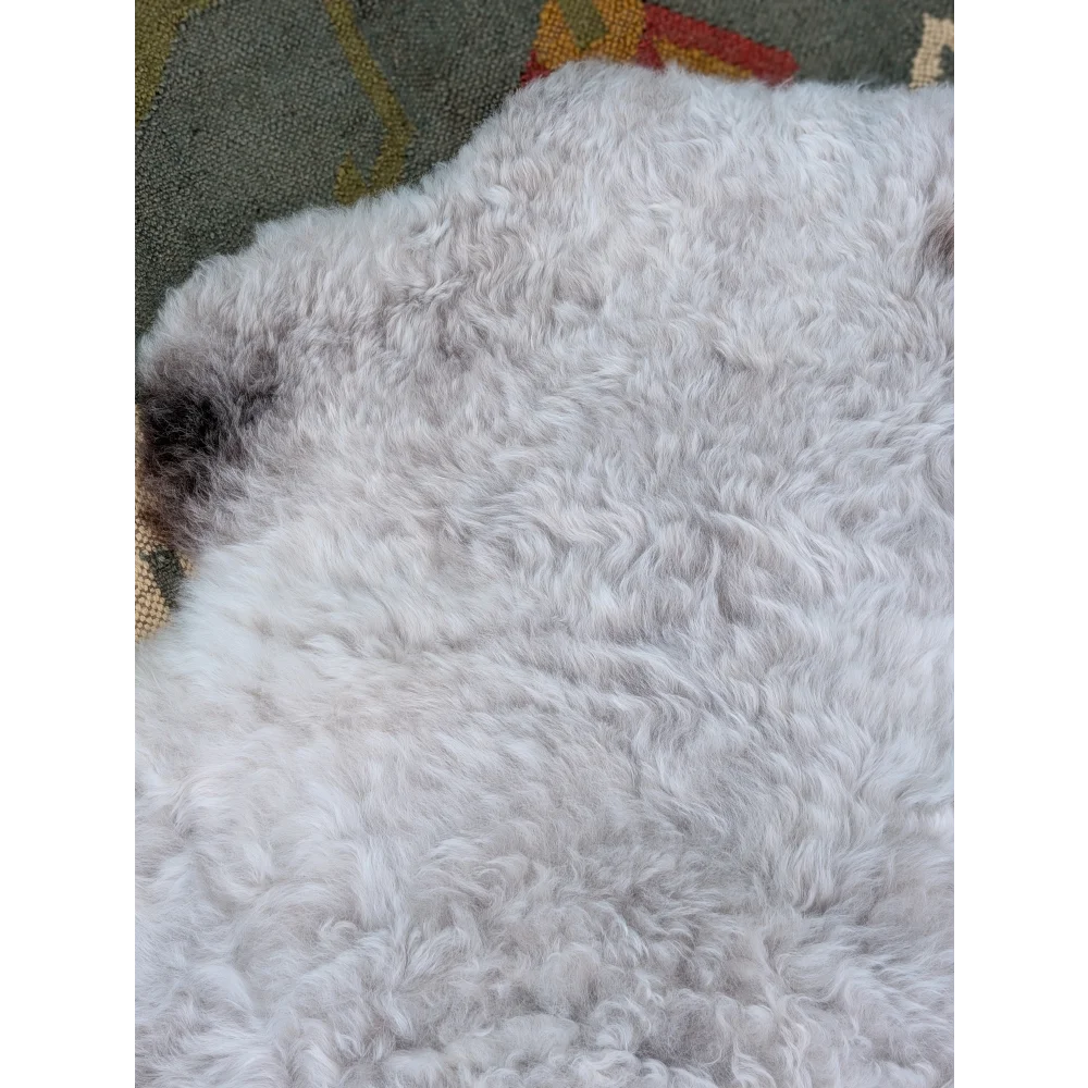 A large icelandic sheepskin rug with long wool and plush white curly fur by angus oliver measuring 43 x 35 inches