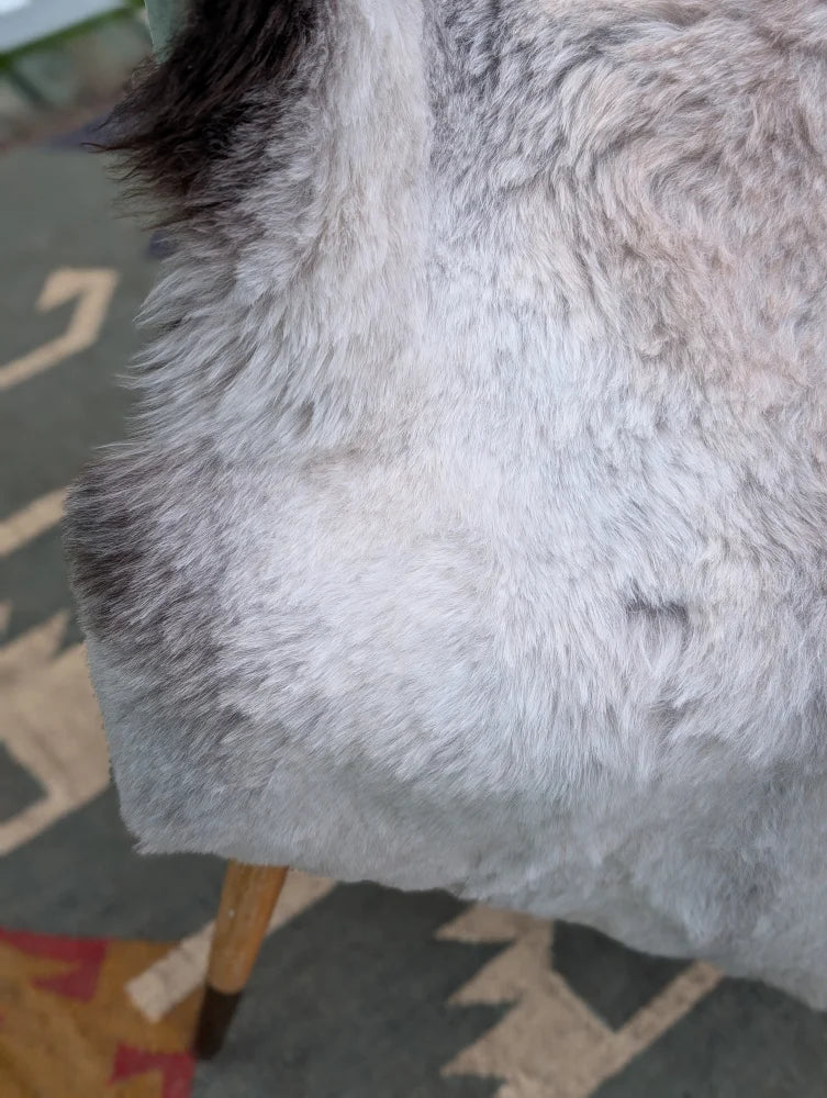 A plush gray faux fur chair with dark brown wooden legs featuring soft long wool icelandic sheepskin by angus oliver