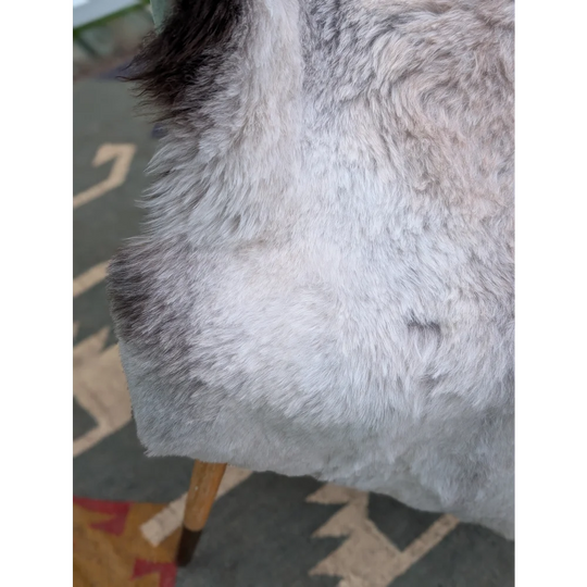 A plush gray faux fur chair with dark brown wooden legs featuring soft long wool icelandic sheepskin by angus oliver