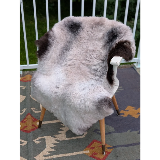 A plush gray and black long wool icelandic sheepskin rug draped over a white chair with wooden legs by angus oliver