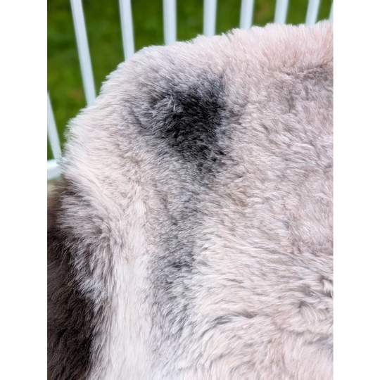 A soft fluffy gray icelandic sheepskin rug with natural mottled texture and subtle darker patches by angus oliver