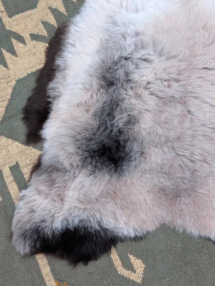 A large 43.5 x 33 inch gray and black long wool icelandic sheepskin rug with soft fluffy textured fur by angus oliver