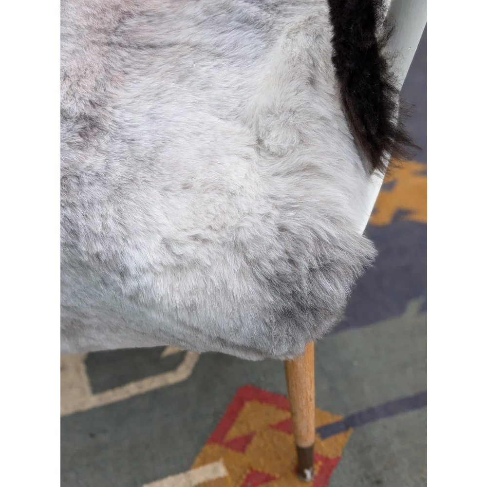 A plush gray faux fur icelandic sheepskin chair cover with soft dense texture and black tail accent by angus oliver