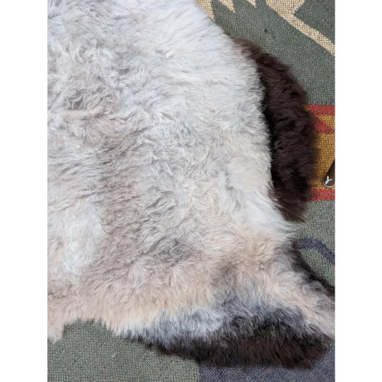 A large 43 x 31 inch icelandic sheepskin rug with long wool and a natural gray to brown gradient by angus oliver