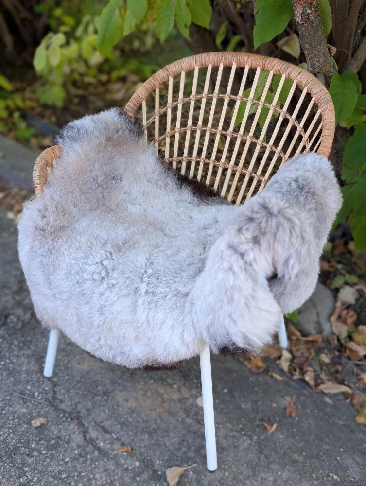 A plush light gray icelandic sheepskin rug with long wool and dark edges draped over a wicker chair