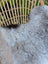 A large 43 x 31 inch soft gray icelandic sheepskin rug with long wool and natural dark edges details