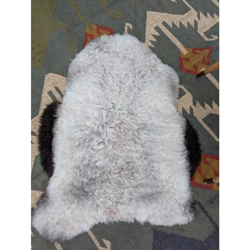 A soft light gray large icelandic sheepskin rug with long wool and natural edges by angus oliver
