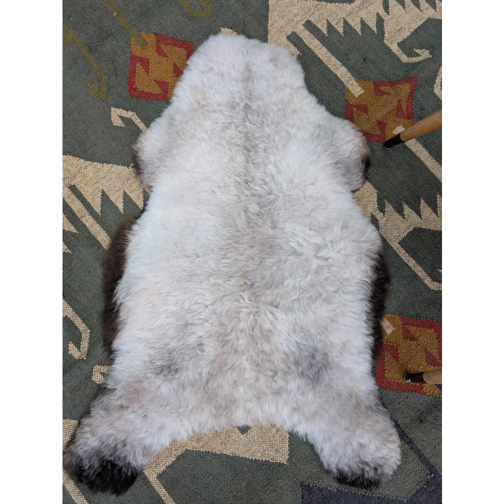 A plush icelandic sheepskin rug with long wool in white and gray by angus oliver, sized 44 x 27 inches