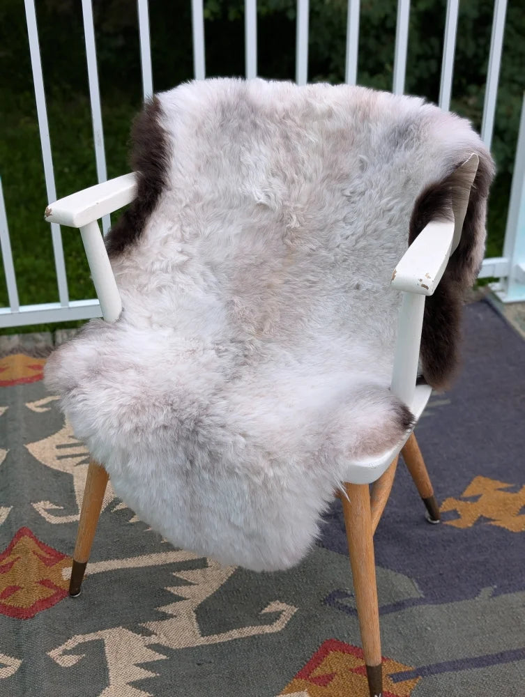 A plush large icelandic sheepskin throw with long wool grayish-brown patches draped on a minimalist chair back by angus oliver