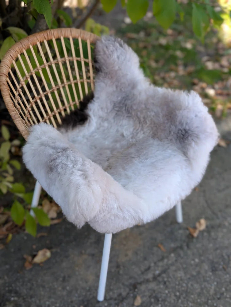 A plush light gray and white large icelandic sheepskin rug with long wool icelandic draped over a wicker outdoor chair