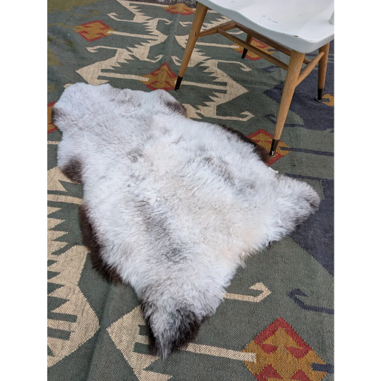 A soft fluffy white and gray large icelandic sheepskin rug with long wool and natural irregular edges by angus oliver